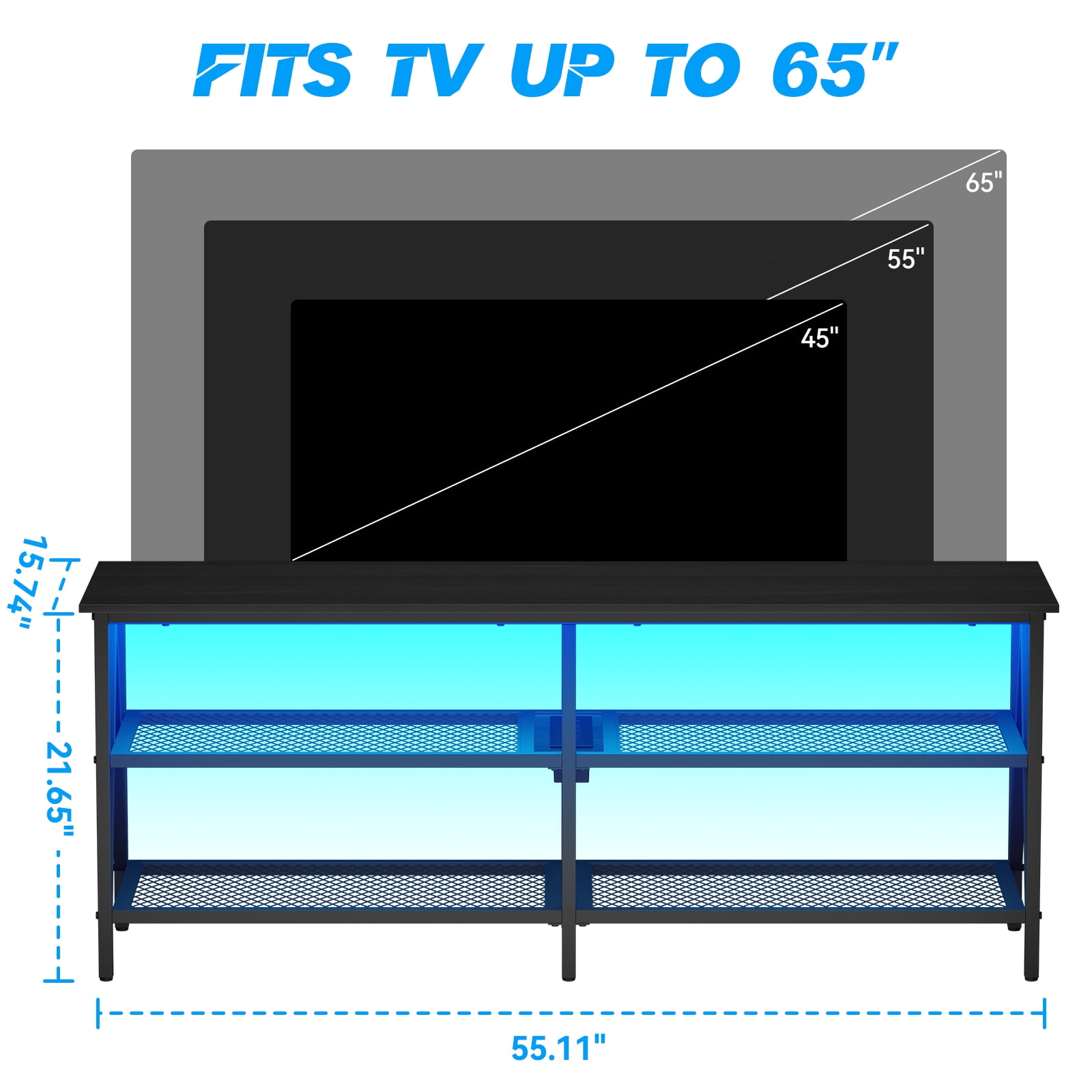 Behost TV Stand for 65 inch TV, TV Cabinet with 20 Colors LED Lights for Living Room,Black
