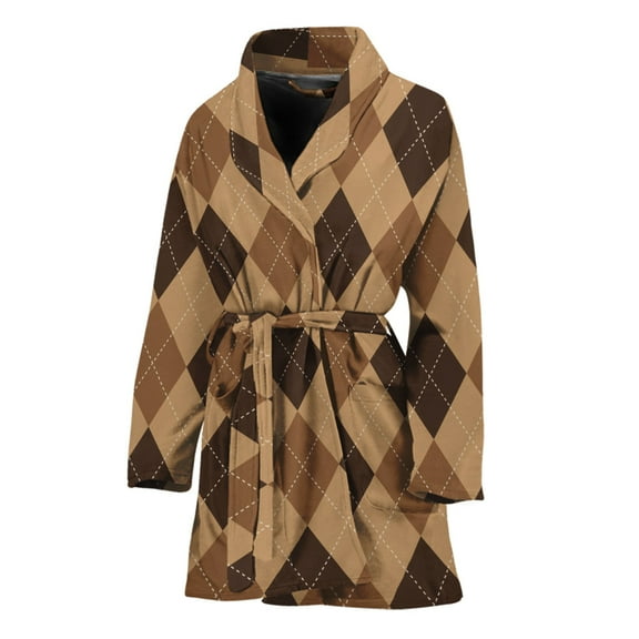 Brown Argyle Pattern Women Bathrobe One Size Univeral Fits, Checkered Caro Plaid Tartan Fashion Lightweight Plush Fleece Long Robe For Women