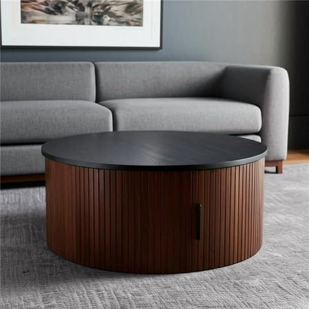 HomeRoots 576841 32 in. Black & Walnut Wood Round Drum Coffee Table