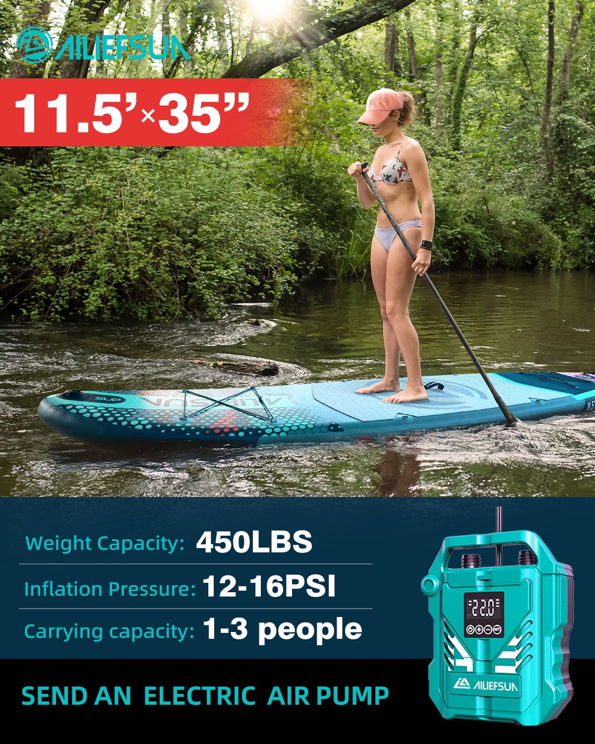 Electric Pump Azure Mist  11'6"*35"*6" Ailiefsun Stand Up Paddle Board Inflatable Stable Sup Board with Fishing Paddleboards Accessories for Adults Youth Wide Non-Slip Deck Surfboard