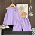 thumbnail image 2 of THDHVS Girls Summer Outfits,Casual Short Sets for Kids,Solid Color Bow Pleated Sleeveless Clothes Shorts Two-piece Set Summer Girl's Clothing Purple 6-7 Years, 2 of 6