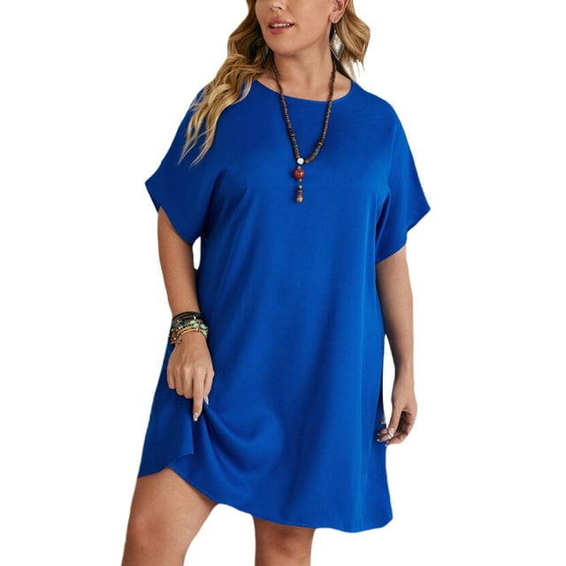 Innerwin Robes Courtes d'Été Couleur Unie Mini Robe pour Femmes Manches de Vacances Robe Surdimensionnée Bleue 4TG