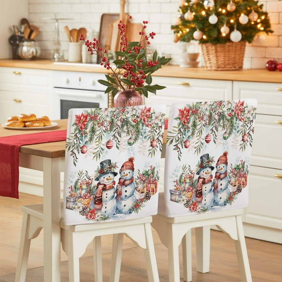 Christmas Snowman Chair Covers Set of 6 Winter Poinsettia Leaf Xmas Balls Gifts Chair Back Covers Stretch Removable Washable Slipcovers Protector for Dining Room Kitchen Party Decor