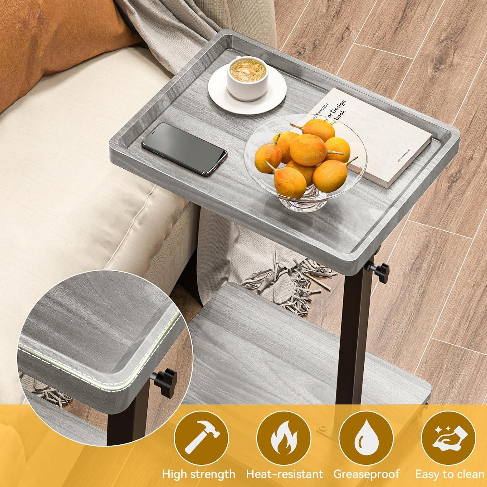 ManyFun C Table End Table Adjustable Height, 360°Swivel TV Tray Table for Small Spaces, Couch Tables That Slide Under, C Shaped Side Tables with Wheels for Living Room and Bedroom, Bed