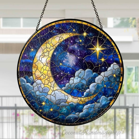 Moon and Star Stained Glass Suncatcher, Celestial Night Sky Suncatcher, Starry Night Window, Spiritual Home Decor 1862680501