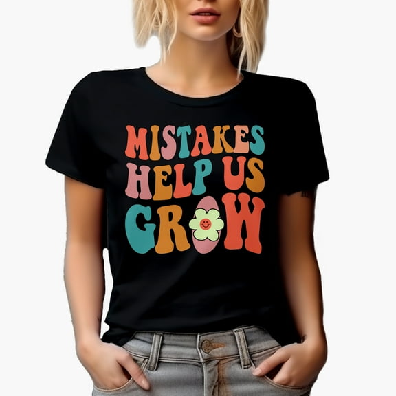 Mistakes Help Us Grow, Inspirational Growth Quote, Groovy Retro Wavy Text Merch Gift, Black T-Shirt, Small