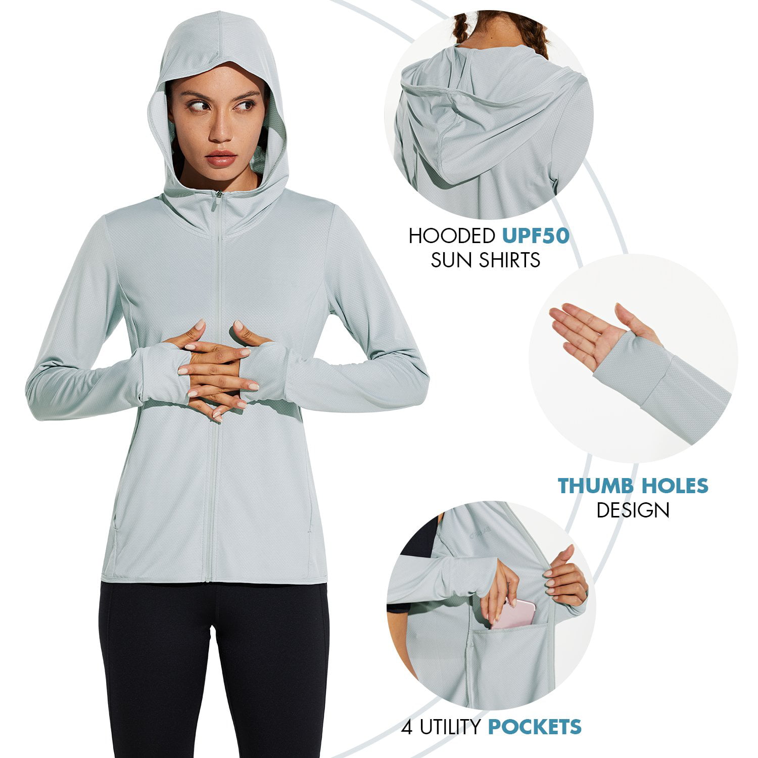 BALEAF Women's Zip Up Sun Shirts SPF UPF 50+ UV Hoodie Jackets Hiking Thumb  Holes Lightweight Quick Dry Outdoor Grey L