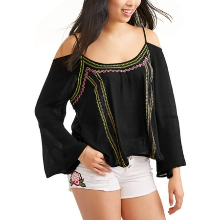 Sexy Black Slinky - Slinky Juniors' Border Embroirdered Print Long Sleeve Cold Shoulder Peasant Blouse