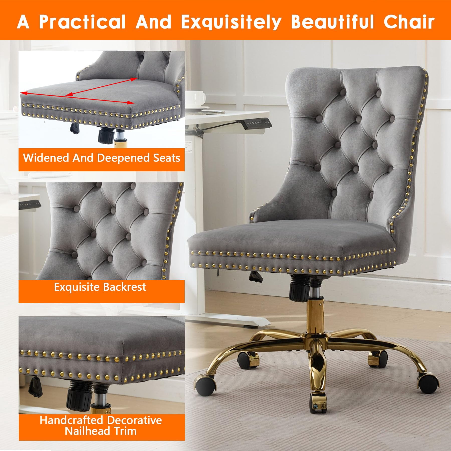 Pawverly Velvet Upholstered Office Chair, Tufted Button Swivel Desk Chair with Adjustable Height, Gold Metal Base & Wheels, Modern Vanity Chair, Gray
