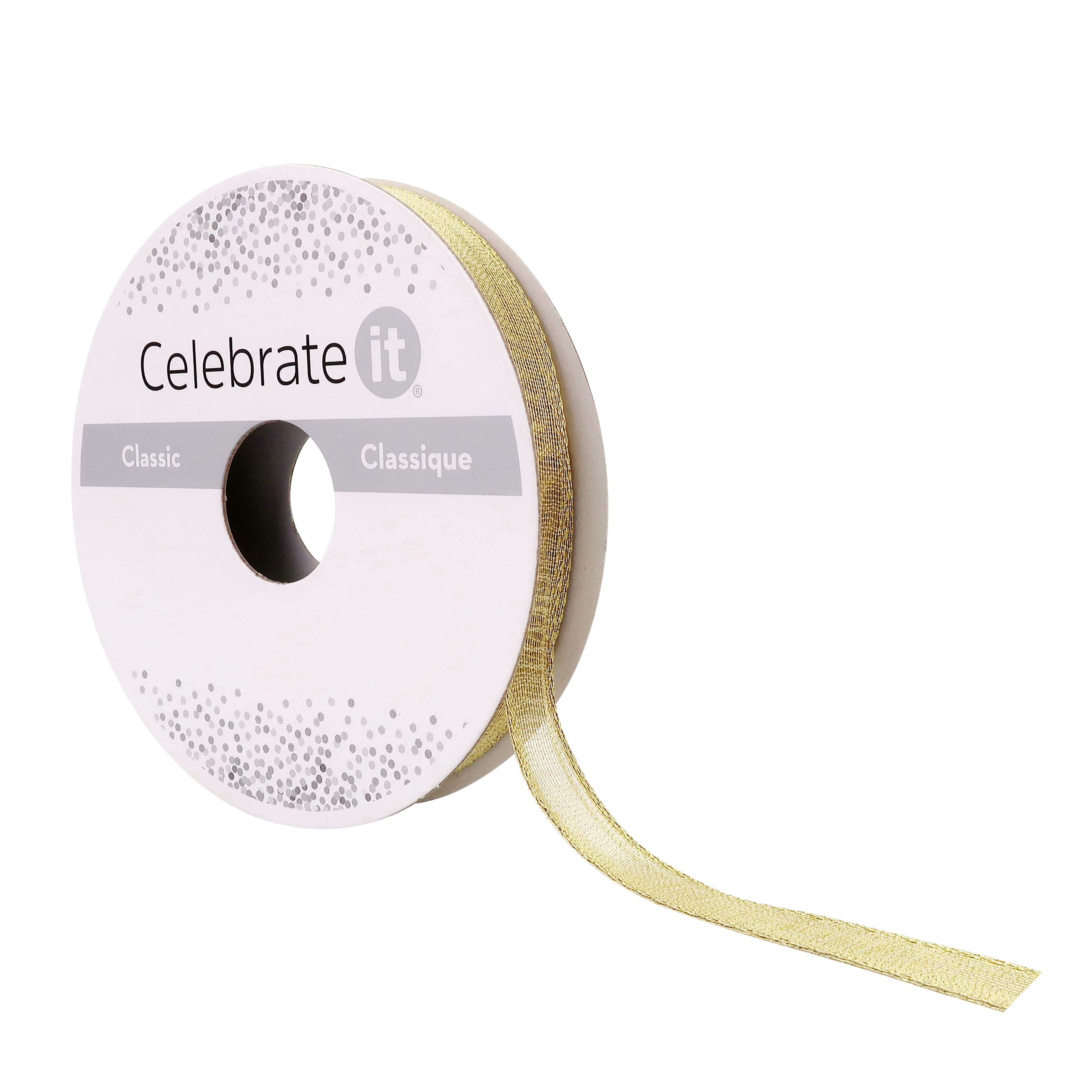 3/8" x 5yd. Gold Metallic Sheer Wired Ribbon by Celebrate It – Wired with Woven Selvedge - Polyester/Metallic/Nylon - Ideal for Gift Wrapping - Decor & Crafts - 24 Pack