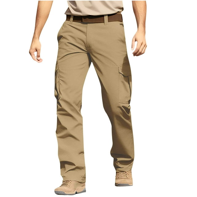 Men's Tactical Cargo Pants Solid Color Lightweight Hiking Pants Outdoor Work Trousers with Multi Pockets Khaki M