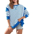 thumbnail image 2 of WEAIXIMIUNG Chandail en Molleton pour Femmes Graphique Mignon Femmes Chandails en Molleton Surdimensionnés Coupe Ample Col Rond Rayé Bloc de Couleur Manches Longues Tops, 2 of 8