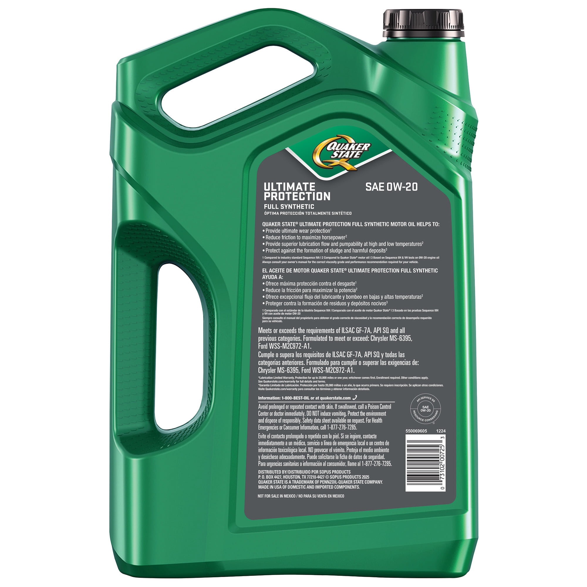(5 pack) Quaker State Ultimate Protection Full Synthetic 0W-20 Motor Oil, 5 Quart