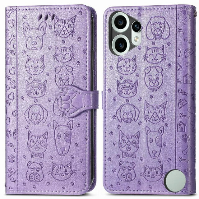 Étui à Rabat pour FOXDOCK Nothing CMF Phone 2 Pro, Étui à Rabat en Cuir PU Gaufré Chat et Chien avec Fentes pour Cartes, Support