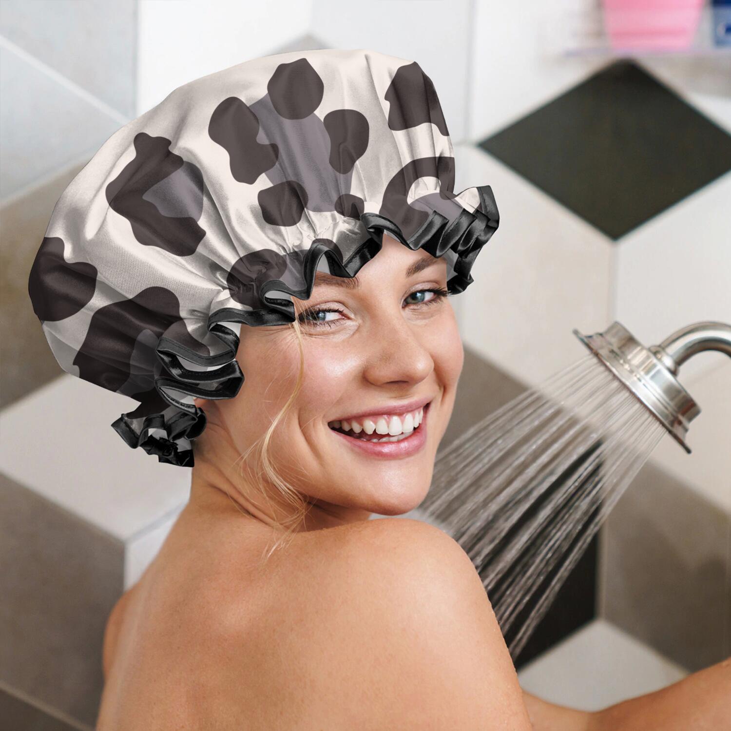 Shower Caps,Beige and Black Of Leopard Print Waterproof Shower Cap for Women 4 Pieces,Double Reusable Hair Cover for Shower PEVA Elastic Stretch Hem