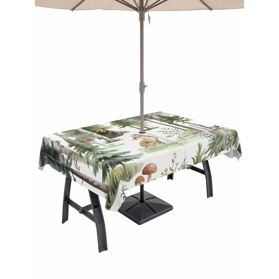 Outdoor Tablecloth with Umbrella Hole and Zipper, Green Forest Rectangle Table Cloth 60x120 Inch Waterproof Tablecloth, Animals Modern Art Watercolor Picnic Table Cover for Patio Camping