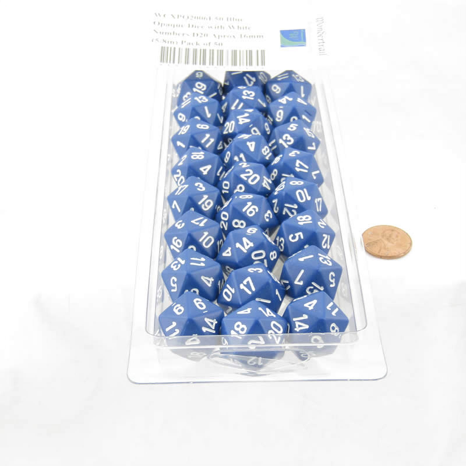 Blue Opaque Dice with White Numbers D20 Aprox 16mm (5/8in) Pack of 50 Wondertrail