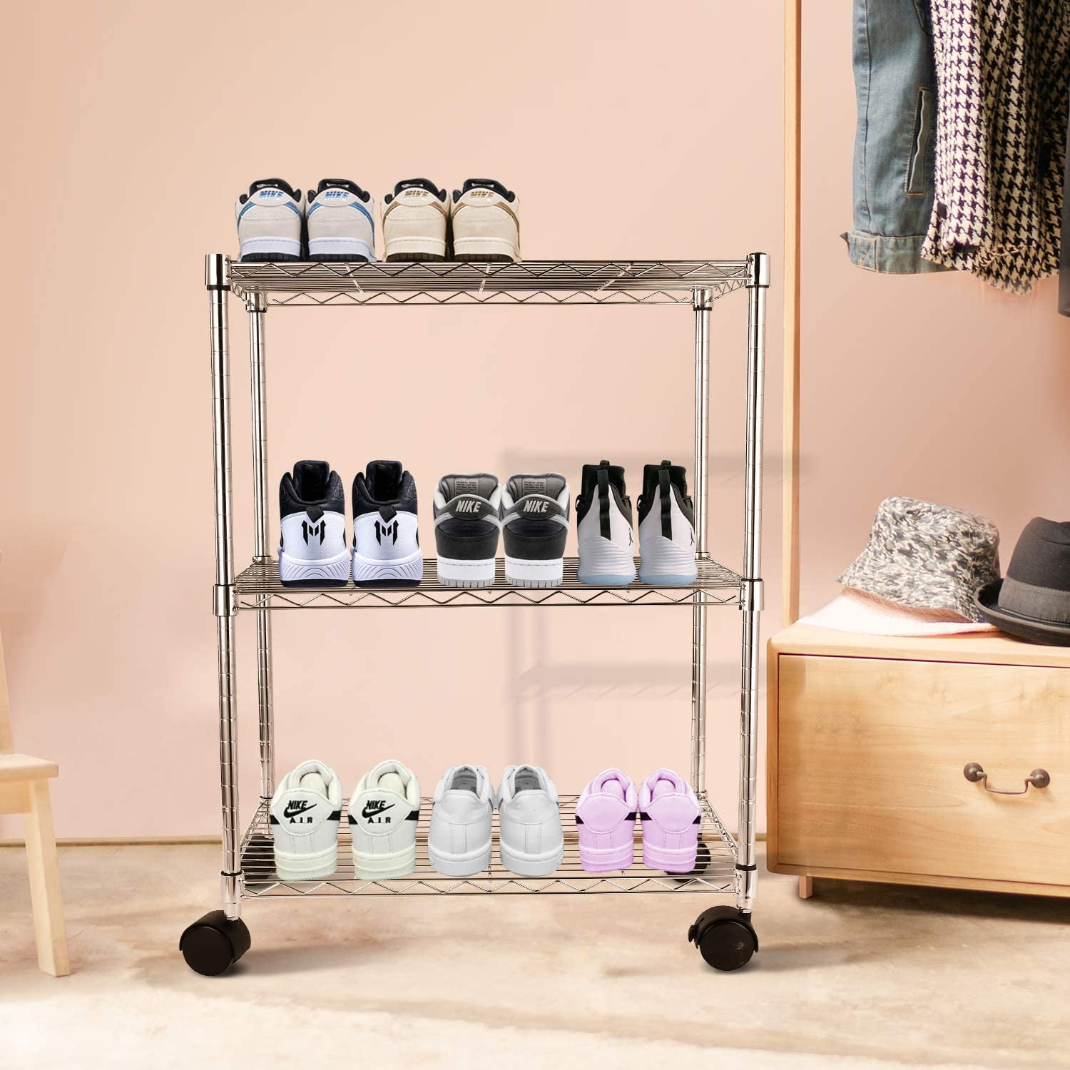 YSSOA Heavy Duty 3-Shelf Shelving with Wheels, Adjustable Storage Units, Steel Organizer Wire Rack, Chrome