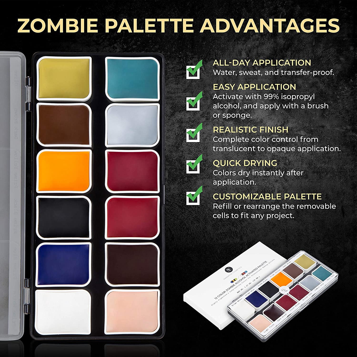 Narrative Cosmetics 12-Color Zombie Alcohol-Activated Palette, Professional Quick Drying Waterproof SFX Makeup for the Stage, Film, Halloween, & Cosplay