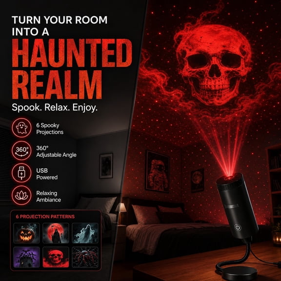 Halloween HD Star Projector with 6 Discs USB Plug and Play, Moving Ghost Pumpkin Bat Ceiling Wall Lights for Indoor Car Decor
