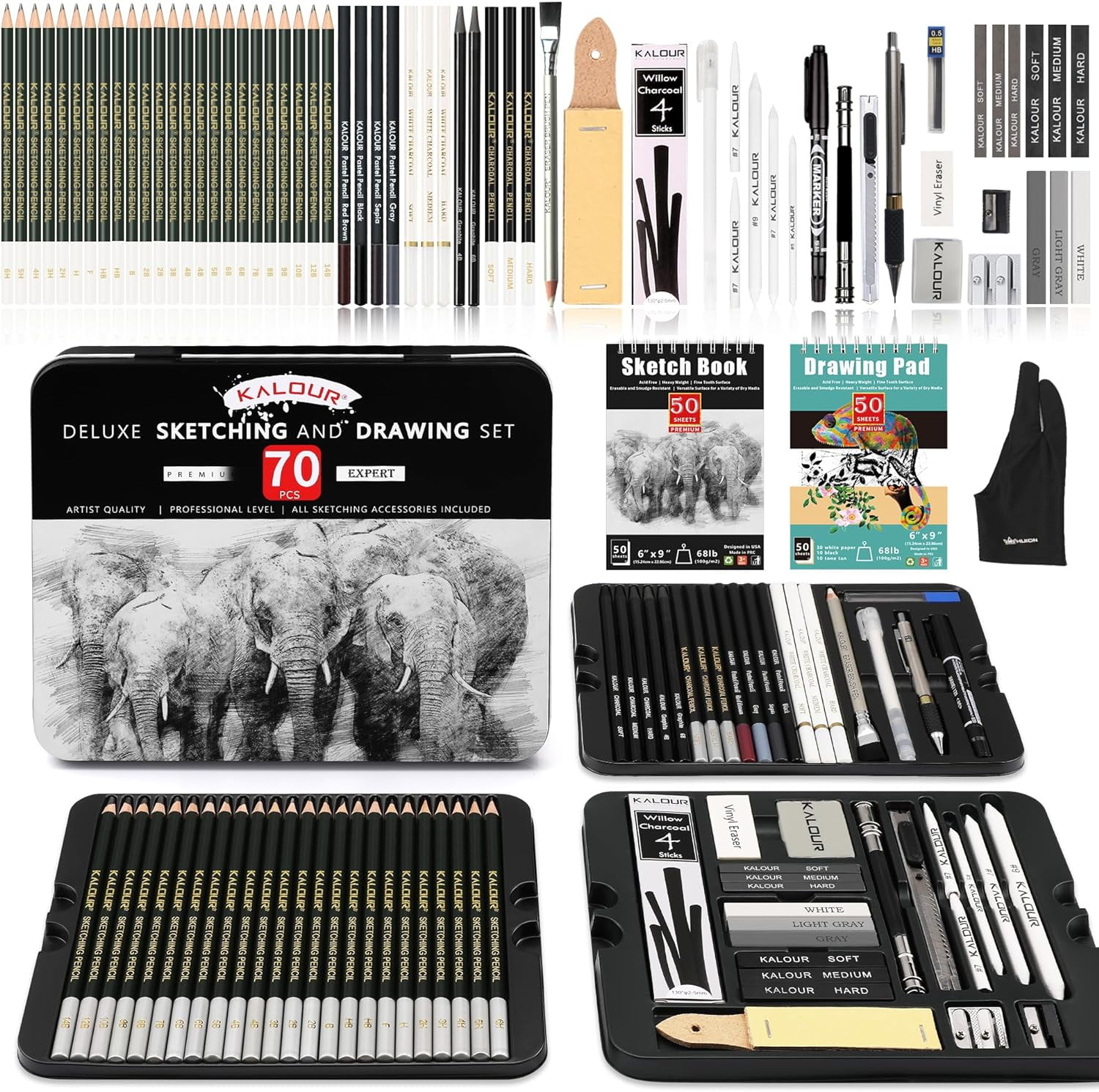 72-Pack Sketch Drawing Pencils Kit with Sketchbook and 3-color Drawing Paper,Tin Box,Include Graphite,Charcoal,Drawing Glove and Artists Tools,Pro Art Drawing Supplies for Adults Beginner