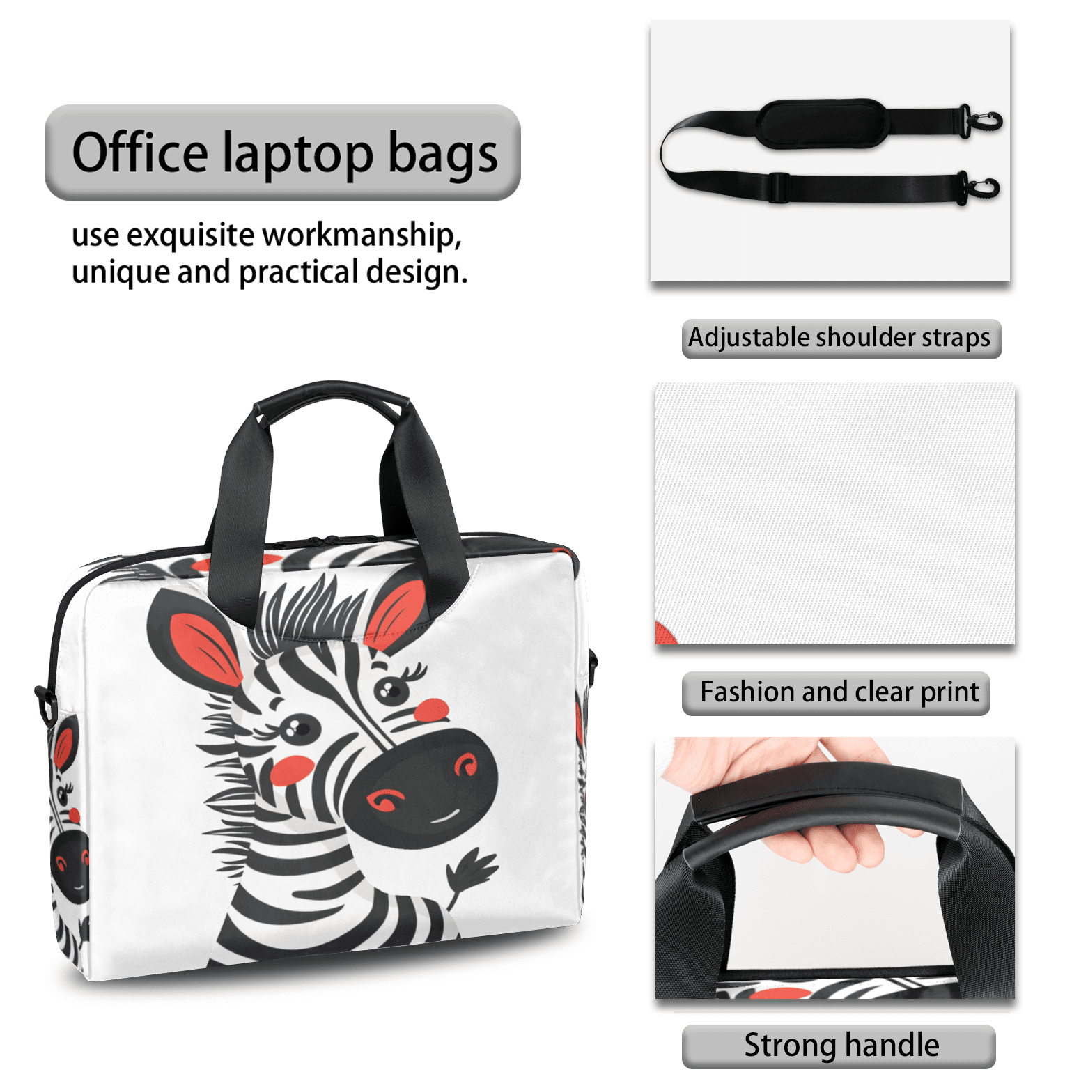 Herdesigns Cute Zebra Laptop Bag for Women Men, Computer Case Briefcase Messenger Bags, 15-15.6 inch Laptop Sleeve Shoulder Bag