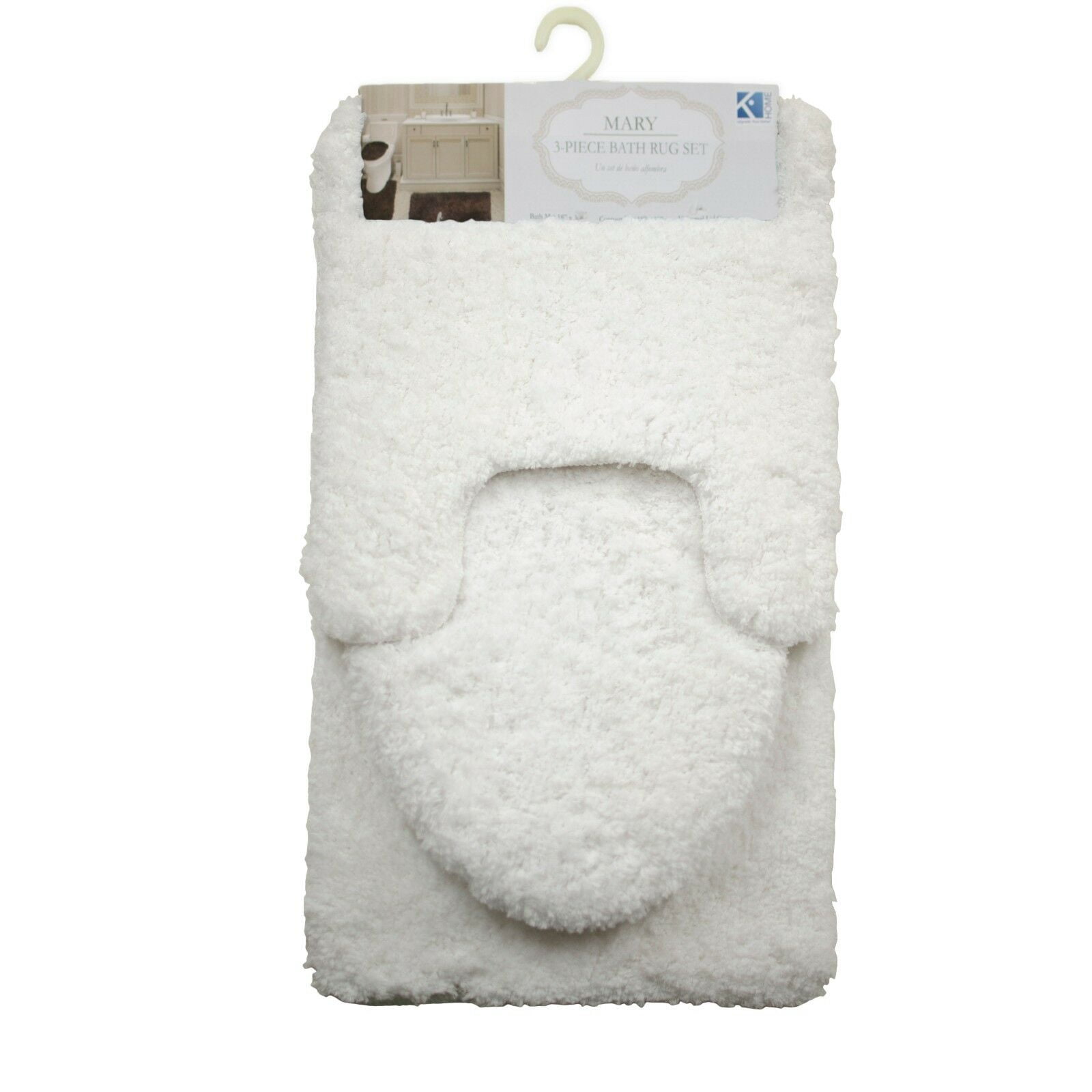 Mary 3 Piece Bathroom Rug Set, Luxury Soft Plush Shaggy Thick Fluffy Microfiber Bath Mat, Countour Rug, Toilet Seat Lid Cover, Non-slip Rubber Back, Floor Mats Water Absorbent, White