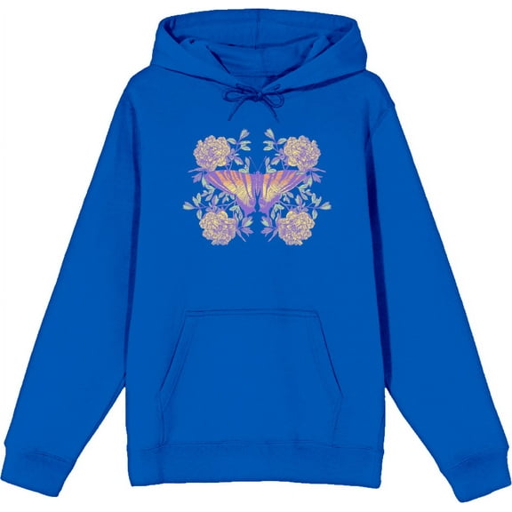 Vintage Floral Gradient Butterfly Adult Blue Long Sleeve Hoodie-Medium