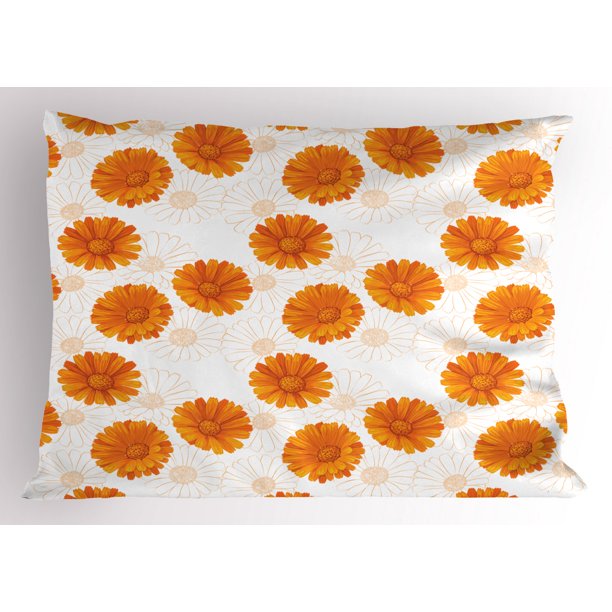 Burnt Orange Pillow Sham Blooming Calendula Flowers Watercolor Botany
