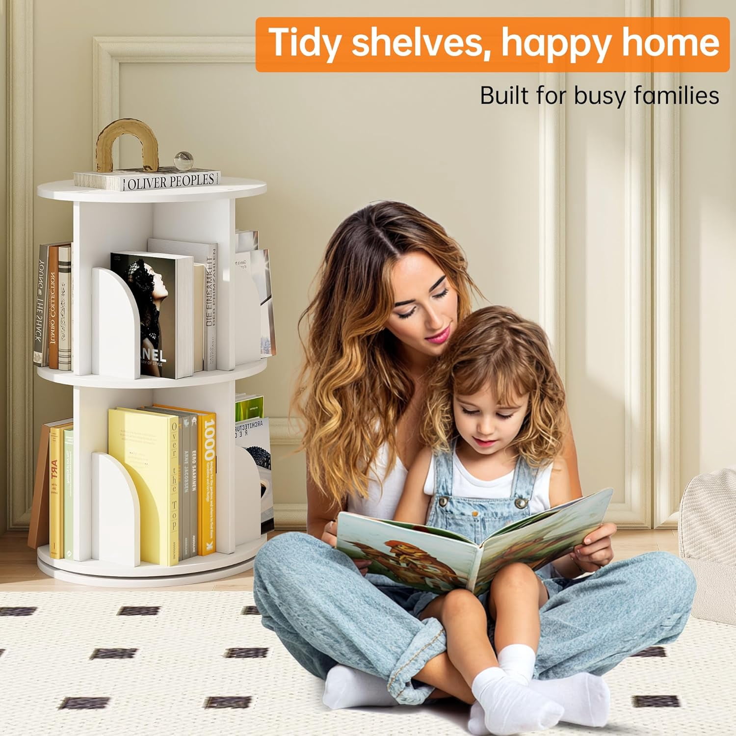 Rotating 2-Tier Bookshelf, 360° Spinning Corner Bookcase with Lazy Susan, White Space Saving Organizer for Study Room, Home Office, Kids Rooms, Bedroom, Adults & Kids