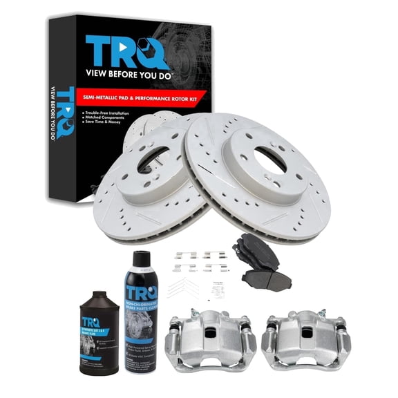 TRQ Front Performance Brake Pad & Rotor Kit Brake Caliper Brake Chemical Kit Brake Pads Brake Rotors Set Semi-Metallic Premium G-Coated Fits 2013-2014 Honda Fit