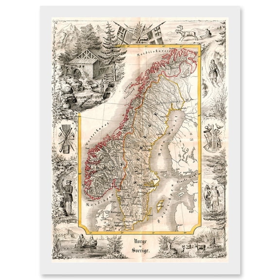 Antique Map 1847 Munch Norway Sweden Decorative Artwork Framed Wall Art Print A4