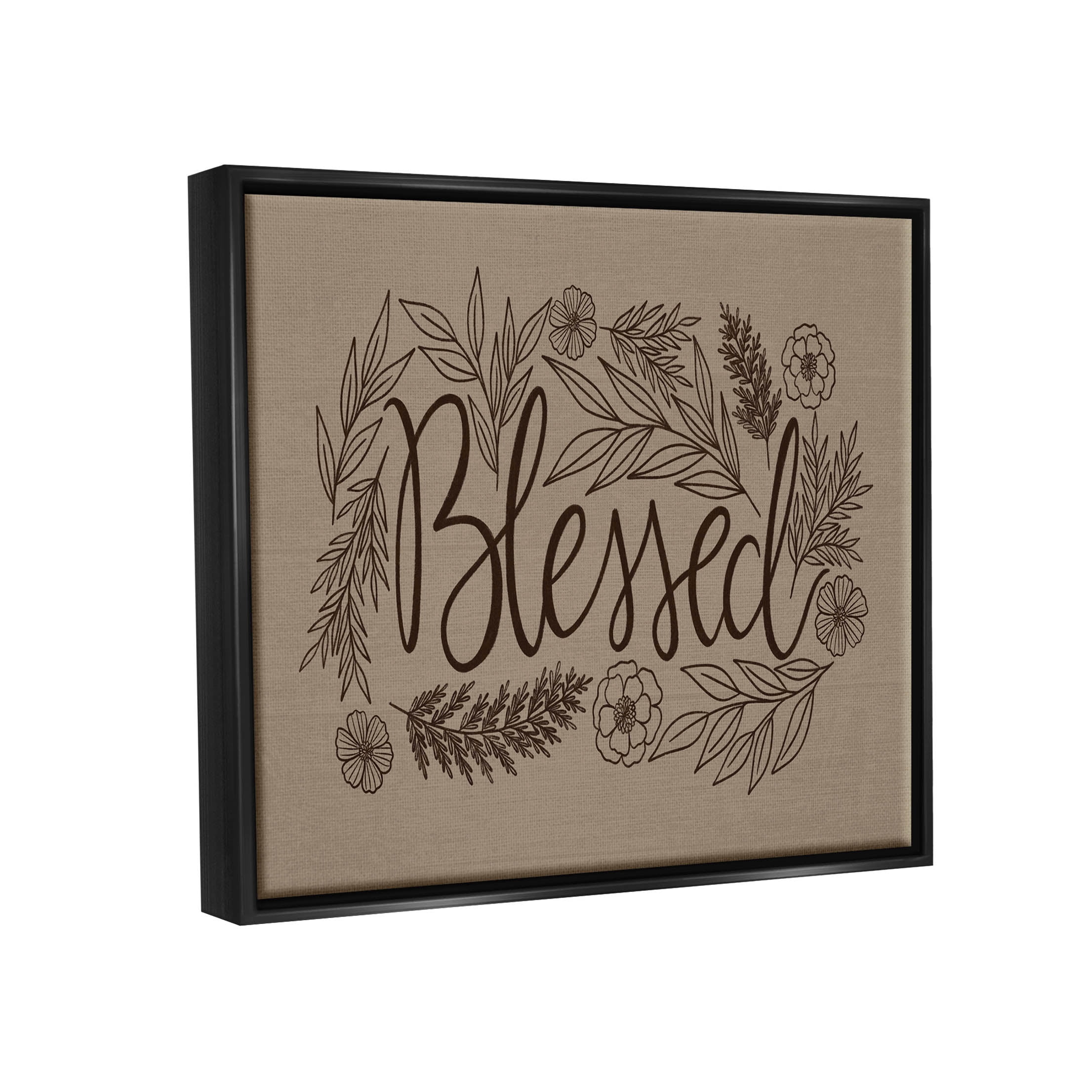 Stupell Industries Blessed Botanical Flower Border Graphic Art Jet Black Floating Framed Canvas Print Wall Art, Design by Taylor Shannon Designs