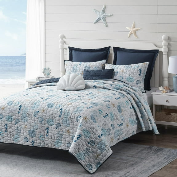 Wonderful Cotton Marine Life Print Shell Stitch Quilt Set - Ocean Lightweight Bedding