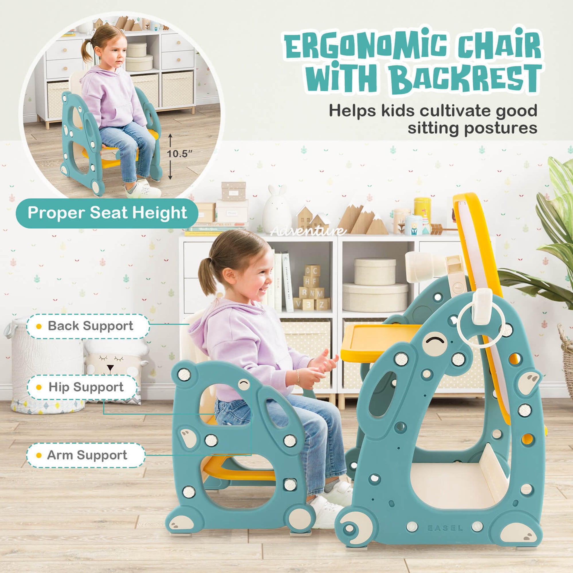 Gymax Kids Art Easel with Chair Kids Activity Table & Chair Set w/ Storage Basket