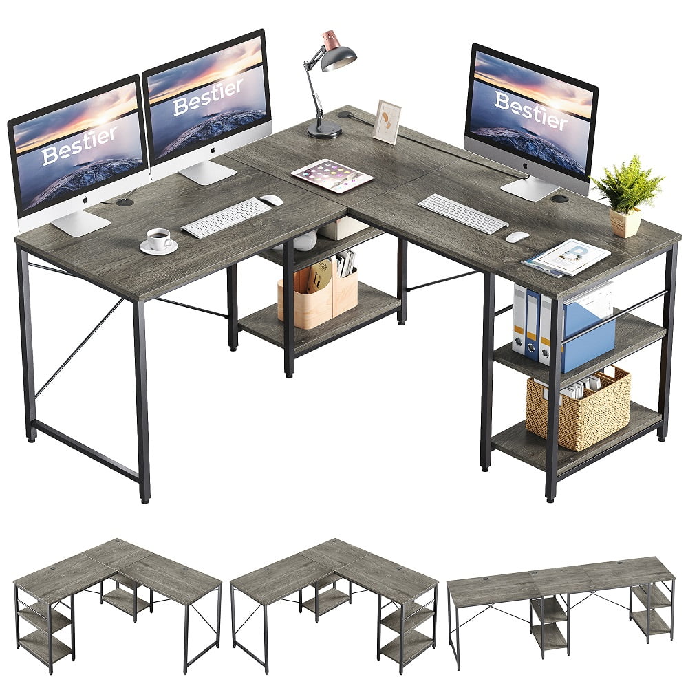 Bestier 95.5 inches Reversible L-Shaped Corner Computer Desk with Shelves in Grey