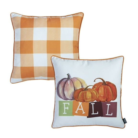 Decorative Fall Thanksgiving Throw Pillow Cover Set of 2 Plaid & Pumpkins 18 in. x 18 in. Yellow & Orange Square for Couch, Bedding