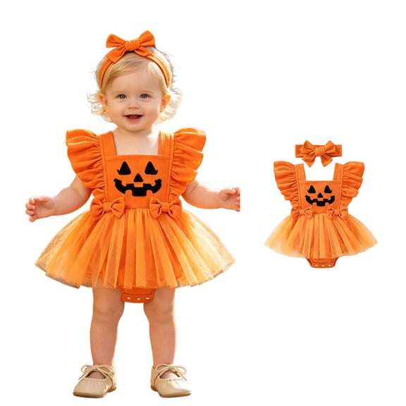 Baby Sleeveless Pumpkin Bodysuit Romper Skirt and Headband Two Piece Set Pumpkin Costume Cosplay Costume Halloween Costumes Girl Size 9-12 Months