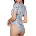 thumbnail image 3 of KLL Women 's Crew Neck Bodysuit Jumpsuits Blue Butterfly Print Short onesies Stretch T Shirts, 3 of 7