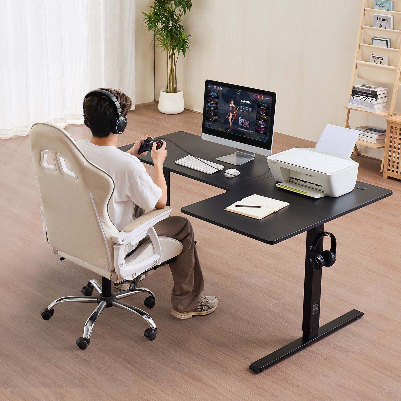 L Shaped Desk Electric Adjustable Height Corner Gaming Desk with Hooks - 63x39.37in Standing Desk Converter for Home Office, Dual Motor, Sit-Stand