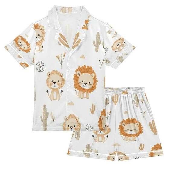 Silky Satin Kids' Pajama Set Breathable & Smooth Unisex Button-Down Pajamas Cute Lion Pattern