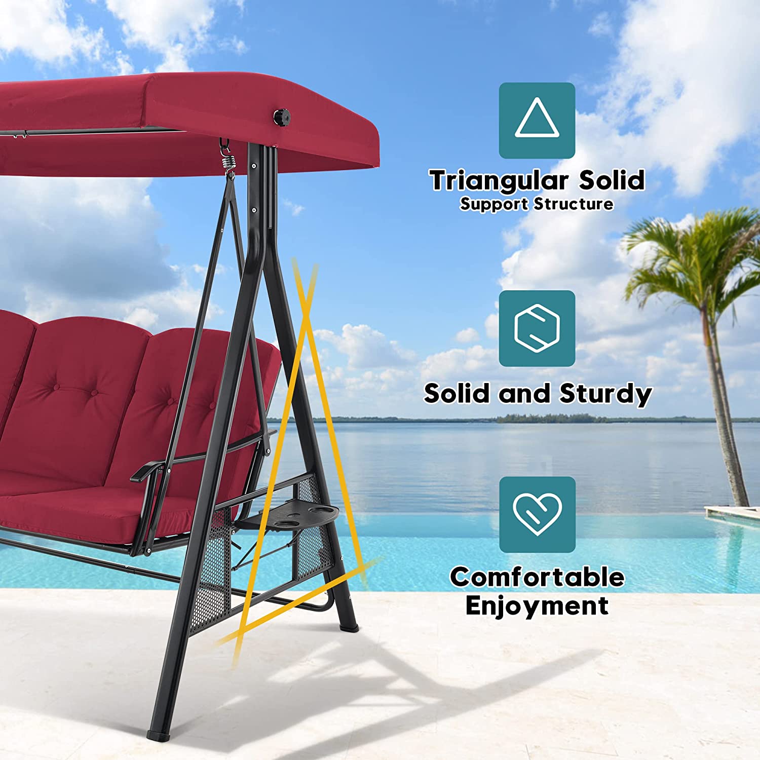 Mcombo 3 Seat Patio Swings with Canopy, Outdoor Porch Swing Chair with Stand, Adjustable Canopy Swing Sets for Backyard, Poolside, Balcony 4092(Burgundy) - image 5 of 5