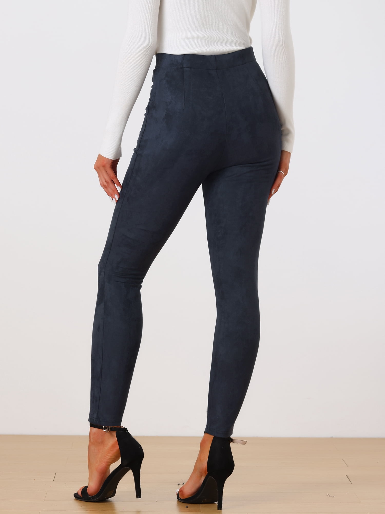 Unique Bargains Womens' Velvet Elastic Waist Side Zipper Narrow Leg Skinny Casual Pants M Navy Blue