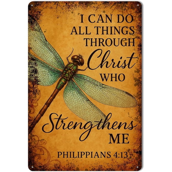 Retro Dragonfly Metal Wall Art Tin Sign with Inspirational Bible Verse Philippians 4:13, Vintage Decor for Home or Garden, 8x12 Inch