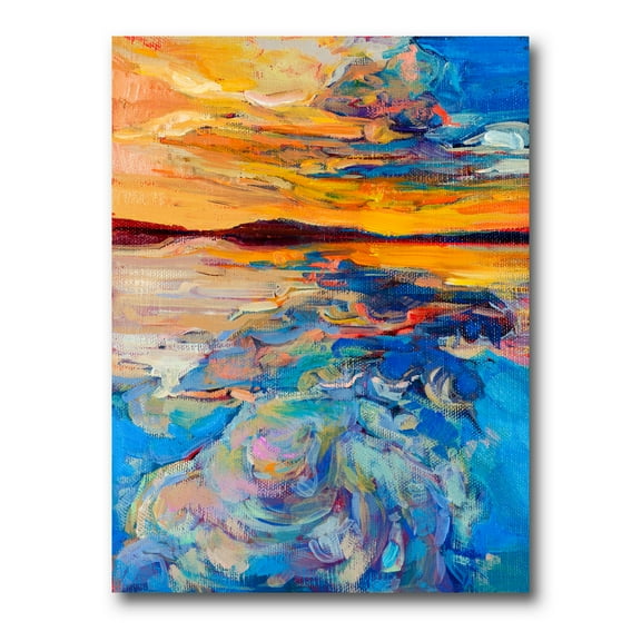 Whirly Blue Waves Under Orange Sunset 8 in x 12 in Painting Canvas Art Print, by Designart