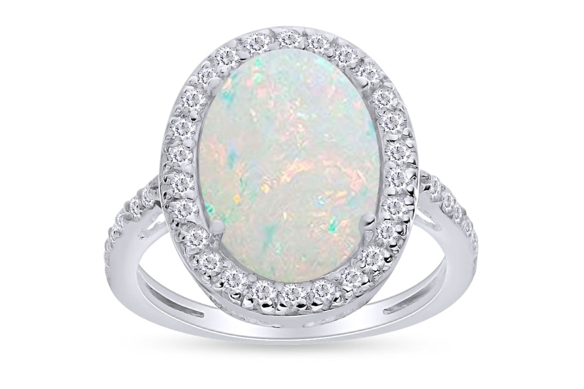 Opal and Cubic Zirconia Halo Ring 14k Yellow Gold Over Sterling Silver Size-7