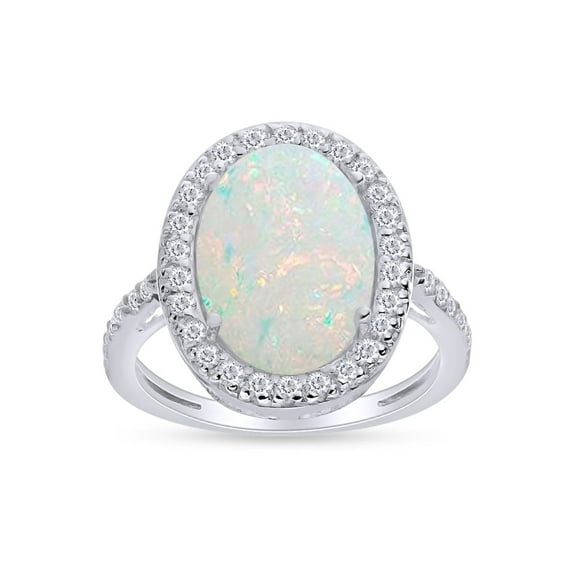 Oval Cut Lab Created Opal & Sparkling White Cubic Zirconia Halo Engagement Ring In 14k White Gold Over Sterling Silver Jewelry For Women