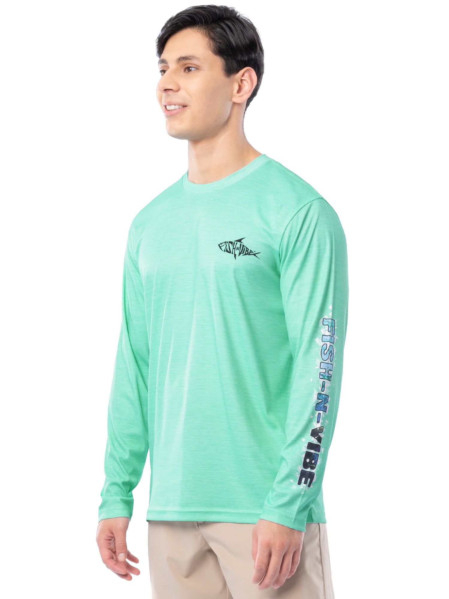 Fish N Vibe Men's Long Sleeve Performance UPF 30 Fishing Graphic Tee, Seafoam Cationic, S