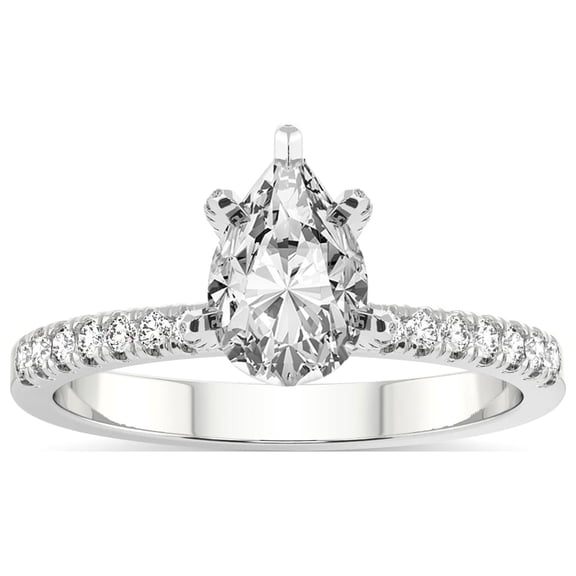 Pear Shape 1 Carat IGI Certified Lab Grown Diamond Ring | 14K White Gold | Sara Tapered Eternity Lab Diamond Engagement Ring | FG-VS1-VS2 Quality Friendly Diamonds