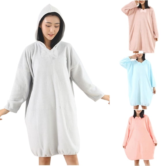 LangJing Women's Fleece Hooded Robes Cozy Warm House Dress Housecoat Quick Dry Spa Shower Robe Loungewear Gray,Free Size